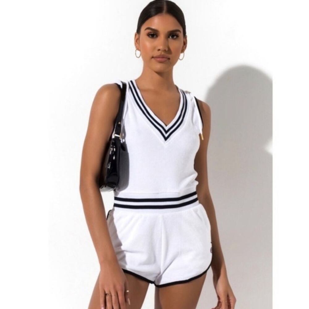 CHAMPION Life Terry Cloth Romper Shorts Tennis White Athleisure Hood Small Y2K
